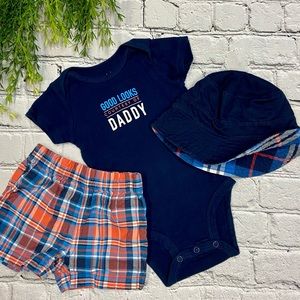 Carter’s matching 3 piece set, size 6 months, navy and orange